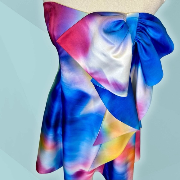 Marchesa Notte ‘Bow Printed Strapless Dress’ in Rainbow Multicolor Watercolor 4 - Picture 4 of 16